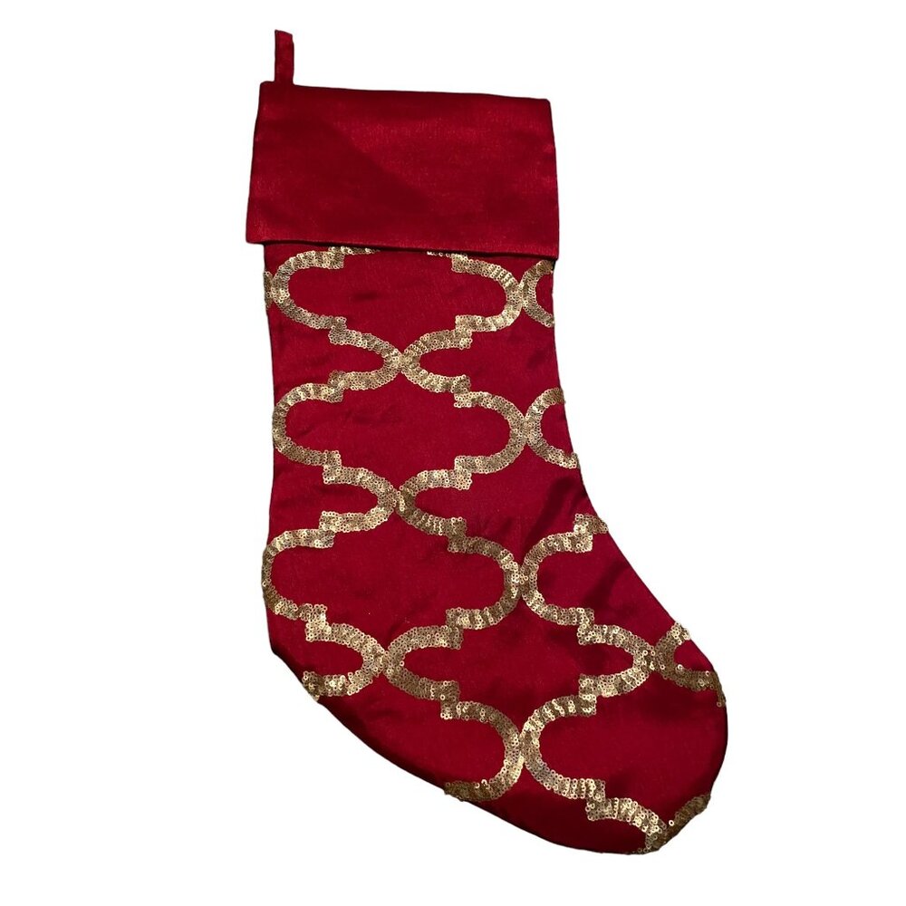 Red Holiday Christmas Stocking Sock With Gold Sequins - 8” x 18”- Festive Decor